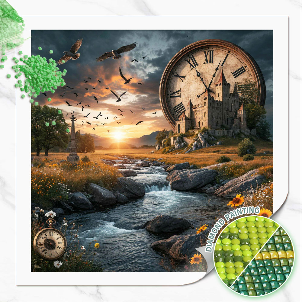 Resin Art Clock - Huacan Diamantmalerei Wildnis-Schloss Riesenuhr Diamantstickerei Landschaft